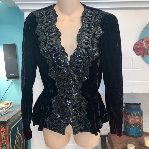 OUTSTANDING VINTAGE VELVET SEQUIN TRIM FITTED JACKET OR TOP EDWARDIAN - Picture 2 of 10